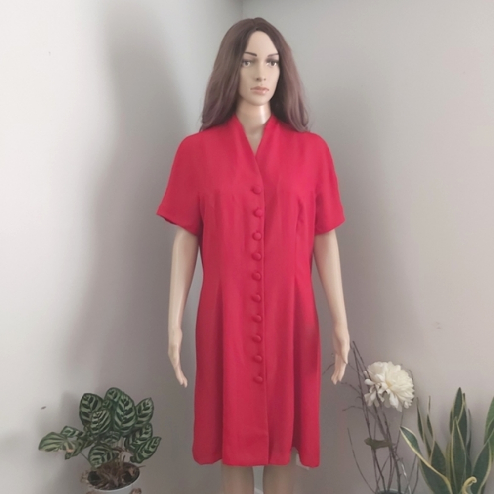 Mark Edwards vintage red midi dress pleated short sleeve splice button